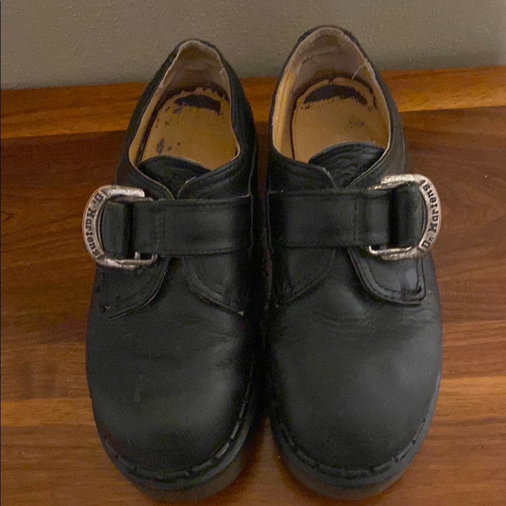 Dr. Martens Black Loafers with Silver Buckle and Sturdy Sole